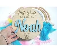 Custom Pregnancy Announcement Plaque 'Little Teddy Bear' | Hello World | Welcome to the World | Photo Prop | Baby Name Disc (Medium 17x17cm, Pastel Blue)