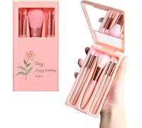 Custom Printed 5-Piece Vegan Makeup Brush Set Compact Travel Case with Mirror | Pro Blush, Eyeshadow, Contour Brushes | Gifts for Women (Pink/Blue/Rose Gold)