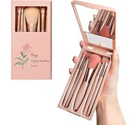 Custom Printed 5-Piece Vegan Makeup Brush Set Compact Travel Case with Mirror | Pro Blush, Eyeshadow, Contour Brushes | Gifts for Women (Pink/Blue/Rose Gold)