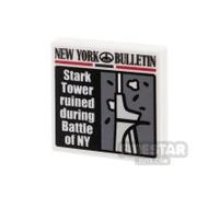 Custom Printed Tile 2x2 SH 'Stark Tower Ruined During Battle of NY' New York Bulletin Newspaper WHITE