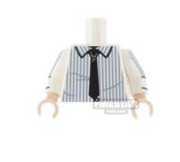 Custom Printed Torso Shirt with Sand Blue Pinstripes and Black Tie WHITE