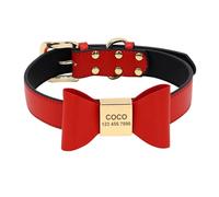 Custom PU Leather Dog Collar Soft Bowknot Pet Collar Engraved Name Necklace Anti-lost(Red 2,XL)