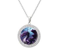 Custom Purple Dragon Picture Necklace Personalized Circle Chain Pendant Gold/Silver Photo Dog Tag Keepsake Necklaces Hip Hop Memorial Jewelry Gifts for Men Women, One size, Titanium Steel, Rhinestone