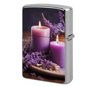 Custom Purple Lavender with Candles Lighter Case Personalized Metal Lighter Cover Holder Reusable Shockproof Protective Lighters Without Insert Gift for Men Women Dad Husband