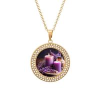 Custom Purple Lavender with Candles Picture Necklace Personalized Circle Chain Pendant Gold/Silver Photo Dog Tag Keepsake Necklaces Hip Hop Memorial Jewelry Gifts for Men Women, One size, Titanium