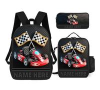 Custom Racing Car Backpack 3 Pcs Set Persoanlzied Name Racing Car Flag Daypack Bags for Men Women Friends Family Adjustable Straps 17 inches Outdoor Travel Backpack Hiking Camping Backbag