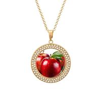 Custom Red Apple Fruit Picture Necklace Personalized Circle Chain Pendant Gold/Silver Photo Dog Tag Keepsake Necklaces Hip Hop Memorial Jewelry Gifts for Men Women, One size, Titanium Steel