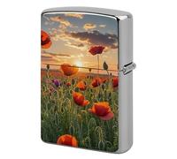Custom Red Flower Field in Sunset Lighter Case Personalized Metal Lighter Cover Holder Reusable Shockproof Protective Lighters Without Insert Gift for Men Women Dad Husband