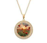 Custom Red Flower Field in Sunset Picture Necklace Personalized Circle Chain Pendant Gold/Silver Photo Dog Tag Keepsake Necklaces Hip Hop Memorial Jewelry Gifts for Men Women, One size, Titanium Steel