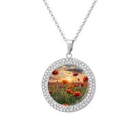Custom Red Flower Field in Sunset Picture Necklace Personalized Circle Chain Pendant Gold/Silver Photo Dog Tag Keepsake Necklaces Hip Hop Memorial Jewelry Gifts for Men Women, One size, Titanium Steel