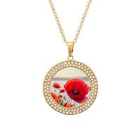 Custom Red Flower Picture Necklace Personalized Circle Chain Pendant Gold/Silver Photo Dog Tag Keepsake Necklaces Hip Hop Memorial Jewelry Gifts for Men Women, One size, Titanium Steel, Rhinestone