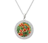 Custom Red Flowers Leaves Picture Necklace Personalized Circle Chain Pendant Gold/Silver Photo Dog Tag Keepsake Necklaces Hip Hop Memorial Jewelry Gifts for Men Women, One size, Titanium Steel