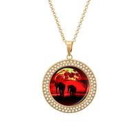 Custom Red Full Moon Elephants Picture Necklace Personalized Circle Chain Pendant Gold/Silver Photo Dog Tag Keepsake Necklaces Hip Hop Memorial Jewelry Gifts for Men Women, One size, Titanium Steel