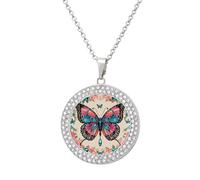 Custom Rhinestone Butterfly Picture Necklace Personalized Circle Chain Pendant Gold/Silver Photo Dog Tag Keepsake Necklaces Hip Hop Memorial Jewelry Gifts for Men Women, One Size, Titanium Steel