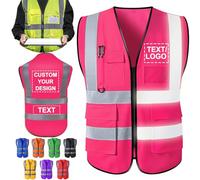 Custom Safety Vest for Men Woman with Logo Pockets Personalised High Visibility Protective Workwear With Reflective Strip Pink S
