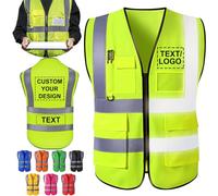 Custom Safety Vest for Men Woman with Logo Pockets Personalised High Visibility Protective Workwear With Reflective Strip Fluorescent Green 4XL