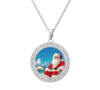 Custom Santa Claus At Beach Picture Necklace Personalized Circle Chain Pendant Gold/Silver Photo Dog Tag Keepsake Necklaces Hip Hop Memorial Jewelry Gifts for Men Women, One Size, Titanium Steel