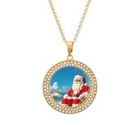 Custom Santa Claus At Beach Picture Necklace Personalized Circle Chain Pendant Gold/Silver Photo Dog Tag Keepsake Necklaces Hip Hop Memorial Jewelry Gifts for Men Women, One Size, Titanium Steel