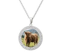 Custom Scottish Cattle Picture Necklace Personalized Circle Chain Pendant Gold/Silver Photo Dog Tag Keepsake Necklaces Hip Hop Memorial Jewelry Gifts for Men Women, One Size, Titanium Steel