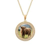 Custom Scottish Cattle Picture Necklace Personalized Circle Chain Pendant Gold/Silver Photo Dog Tag Keepsake Necklaces Hip Hop Memorial Jewelry Gifts for Men Women, One Size, Titanium Steel
