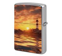 Custom Sea Lighthouse in Sunset Lighter Case Personalized Metal Lighter Cover Holder Reusable Shockproof Protective Lighters Without Insert Gift for Men Women Dad Husband