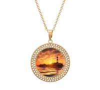 Custom Sea Lighthouse in Sunset Picture Necklace Personalized Circle Chain Pendant Gold/Silver Photo Dog Tag Keepsake Necklaces Hip Hop Memorial Jewelry Gifts for Men Women, One size, Titanium Steel