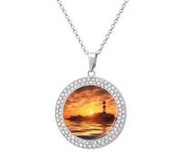 Custom Sea Lighthouse in Sunset Picture Necklace Personalized Circle Chain Pendant Gold/Silver Photo Dog Tag Keepsake Necklaces Hip Hop Memorial Jewelry Gifts for Men Women, One size, Titanium Steel