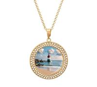 Custom Sea Lighthouse Sandbeach Picture Necklace Personalized Circle Chain Pendant Gold/Silver Photo Dog Tag Keepsake Necklaces Hip Hop Memorial Jewelry Gifts for Men Women, One Size, Titanium Steel