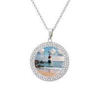 Custom Sea Lighthouse Sandbeach Picture Necklace Personalized Circle Chain Pendant Gold/Silver Photo Dog Tag Keepsake Necklaces Hip Hop Memorial Jewelry Gifts for Men Women, One Size, Titanium Steel
