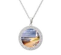 Custom Sea Lighthouses Sandbeach Picture Necklace Personalized Circle Chain Pendant Gold/Silver Photo Dog Tag Keepsake Necklaces Hip Hop Memorial Jewelry Gifts for Men Women, One Size, Titanium Steel
