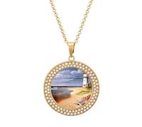 Custom Sea Lighthouses Sandbeach Picture Necklace Personalized Circle Chain Pendant Gold/Silver Photo Dog Tag Keepsake Necklaces Hip Hop Memorial Jewelry Gifts for Men Women, One Size, Titanium Steel