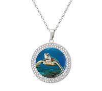 Custom Sea Turtles Picture Necklace Personalized Circle Chain Pendant Gold/Silver Photo Dog Tag Keepsake Necklaces Hip Hop Memorial Jewelry Gifts for Men Women, One size, Titanium Steel, Rhinestone