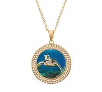 Custom Sea Turtles Picture Necklace Personalized Circle Chain Pendant Gold/Silver Photo Dog Tag Keepsake Necklaces Hip Hop Memorial Jewelry Gifts for Men Women, One size, Titanium Steel, Rhinestone