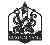 Custom Ship Octopus Tentacles Metal Wall Art, Personalized Skull Octopus and Anchor Metal Sign,Personalized Kraken Name Sign, Beach House Decor, Home Decor (Style-3)