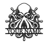 Custom Ship Octopus Tentacles Metal Wall Art, Personalized Skull Octopus and Anchor Metal Sign,Personalized Kraken Name Sign, Beach House Decor, Home Decor (Style-10)