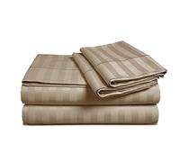 CUSTOM SILK Wrinkle-Free 7 PC Bedding Set-1 Flat Sheet, 1-Fitted Sheet (38cm) Drop, 1-Zipper Duvet Cover and 4 Pillowcases, 100% Egyptian Cotton, 400TC-Taupe Stripe,Super King Size.