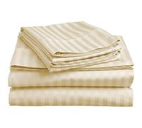 CUSTOM SILK Wrinkle-Free 7 PC Bedding Set-1 Flat Sheet, 1-Fitted Sheet (38cm) Drop, 1-Zipper Duvet Cover and 4 Pillowcases, 100% Egyptian Cotton, 400TC-Ivory Stripe,Double Size.