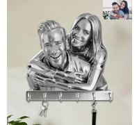 Custom Silver Statue Style Couple Photo Wall Key Holder for Lover His Her Wife Husband Personalized Couple Picture 2D Flat Print Wall Mounted Hooks Valentine Anniversary Wedding Birthday Coat Rack