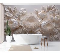 Custom Size Photo Wallpaper, 3D Oriental Style Peony Relief Non-Woven Mural Wallpaper, Beige Romantic Floral Texture Wall Art 3D Mural Decoration For Living Room Bedroom Kitchen Office, 300X210Cm