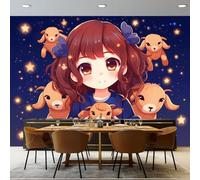 Custom Size Photo Wallpaper, Cartoon Cute Girl Theme Non-Woven Mural Wallpaper, Dark Blue Wall Art 3D Mural Decoration for Gaming Room Living Room Bedroom Kitchen Office, 350 x 256 cm