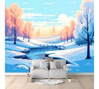 Custom Size Photo Wallpaper, Cartoon Winter Stream Theme Non-Woven Mural Wallpaper, Light Blue Wall Art 3D Mural Decoration for Gaming Room Living Room Bedroom Kitchen Office, 157.5" x 110.2"