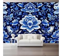 Custom Size Photo Wallpaper, Chinese Style Symmetric Flowers Theme Non-Woven Mural Wallpaper, Blue Wall Art 3D Mural Decoration for Gaming Room Living Room Bedroom Kitchen Office, 137.8" x 100.8"