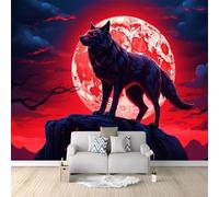 Custom Size Photo Wallpaper, Fantasy Moon Wolf Theme Non-Woven Mural Wallpaper, Red Wall Art 3D Mural Decoration for Gaming Room Living Room Bedroom Kitchen Office, 98.4" x 68.8"