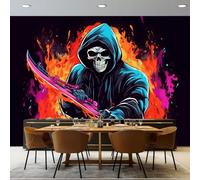 Custom Size Photo Wallpaper, Gothic Grim Reaper Graffiti Theme Non-Woven Mural Wallpaper, Black Wall Art 3D Mural Decoration for Gaming Room Living Room Bedroom Kitchen Office, 400 x 280 cm