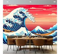 Custom Size Photo Wallpaper, Japanese Cartoon Ocean Waves Theme Non-Woven Mural Wallpaper, Red Wall Art 3D Mural Decoration for Gaming Room Living Room Bedroom Kitchen Office, 200 x 140 cm