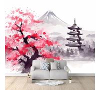 Custom Size Photo Wallpaper, Japanese Cherry Blossom Temple Theme Non-Woven Mural Wallpaper, White Wall Art 3D Mural Decoration for Gaming Room Living Room Bedroom Kitchen Office, 98.4" x 68.8"