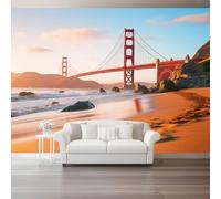 Custom Size Photo Wallpaper, Modern Beach Bridge Theme Non-Woven Mural Wallpaper, Colorful Wall Art 3D Mural Decoration for Gaming Room Living Room Bedroom Kitchen Office, 137.8" x 100.8"