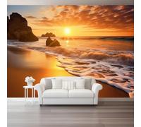 Custom Size Photo Wallpaper, Nature Coastal Beach Theme Non-Woven Mural Wallpaper, Orange Color Wall Art 3D Mural Decoration for Gaming Room Living Room Bedroom Kitchen Office, 137.8" x 100.8"