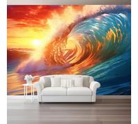 Custom Size Photo Wallpaper, Nature Waves Close Up Theme Non-Woven Mural Wallpaper, Orange Color Wall Art 3D Mural Decoration for Gaming Room Living Room Bedroom Kitchen Office, 137.8" x 100.8"