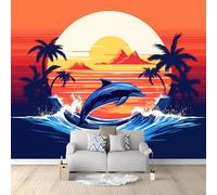 Custom Size Photo Wallpaper, Retro Island Palm Tree Theme Non-Woven Mural Wallpaper, Orange Color Wall Art 3D Mural Decoration for Gaming Room Living Room Bedroom Kitchen Office, 118.1" x 82.7"